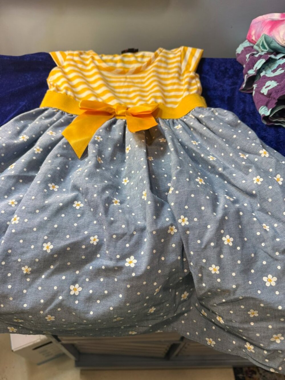 Yellow Striped and Blue Floral Girls Dress with Bow Cinch at the Waist